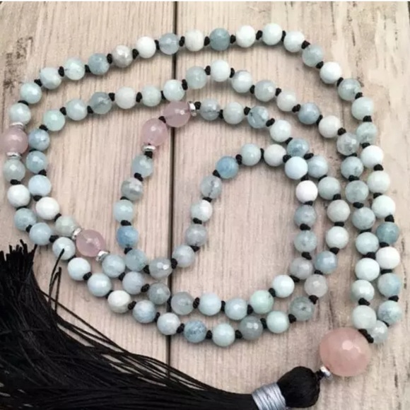 Earth Art hand crafted artisan Jewelry - Genuine Aquamarine and Rose Quartz Mala necklace